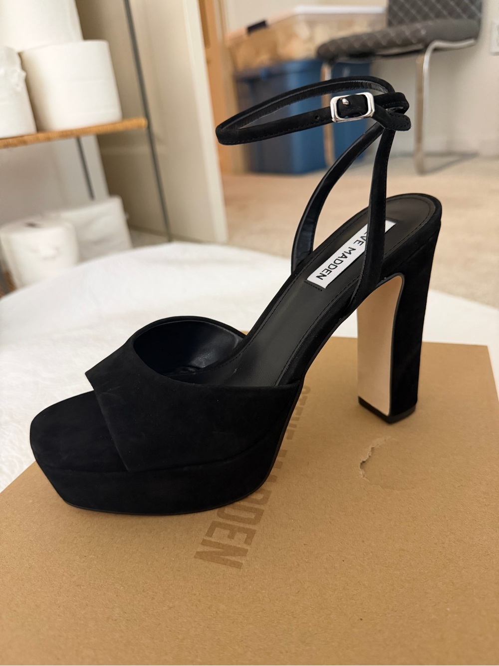 Steve Madden Black Suede Platform Ankle-Strap Heels